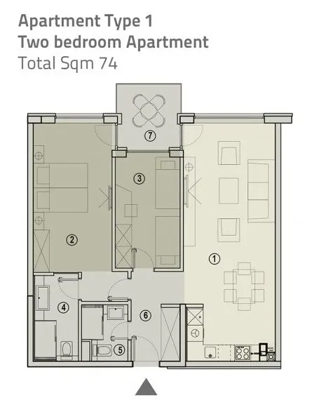 Kat planı: İki yatak odalı, 74 m²