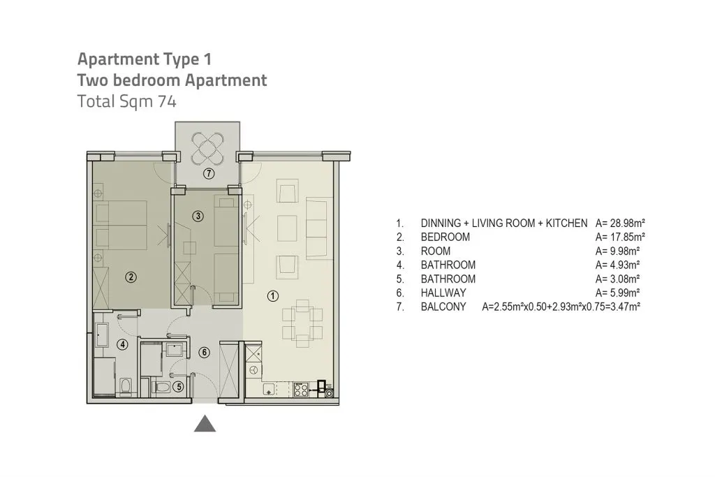 Kat planı: İki yatak odalı, 74 m²