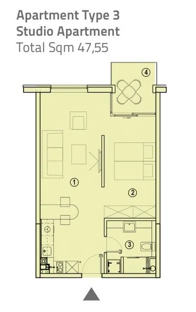 Kat planı: Stüdyo, 47,55 m²