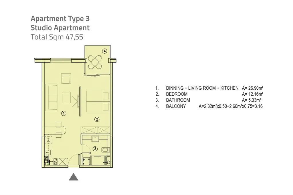 Kat planı: Stüdyo, 47,55 m²