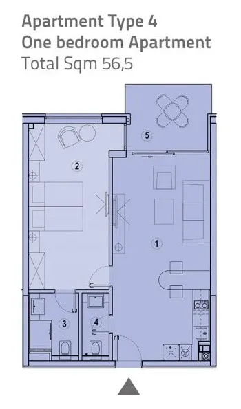Kat planı: Tek yatak odalı, 56,5 m²