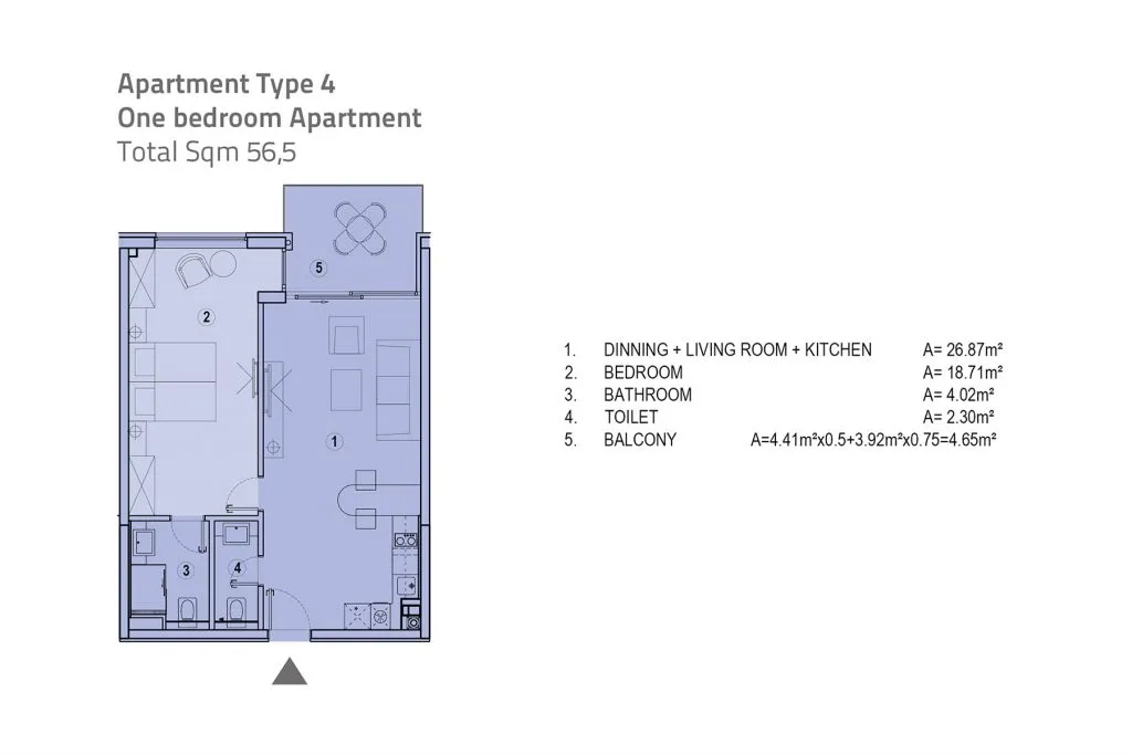 Kat planı: Tek yatak odalı, 56,5 m²