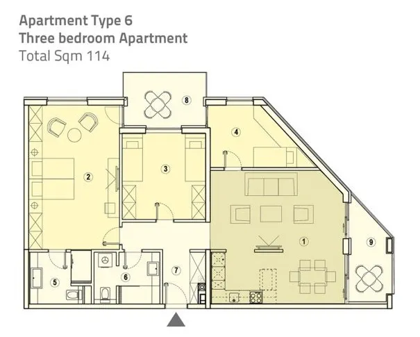 Kat planı: Üç yatak odalı, 114 m²