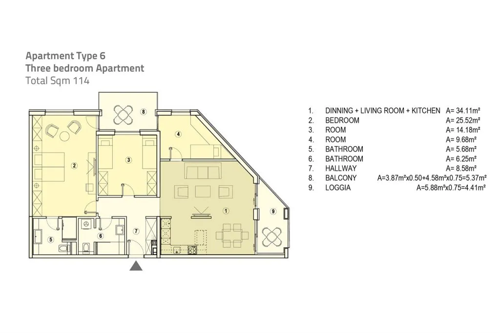 Kat planı: Üç yatak odalı, 114 m²