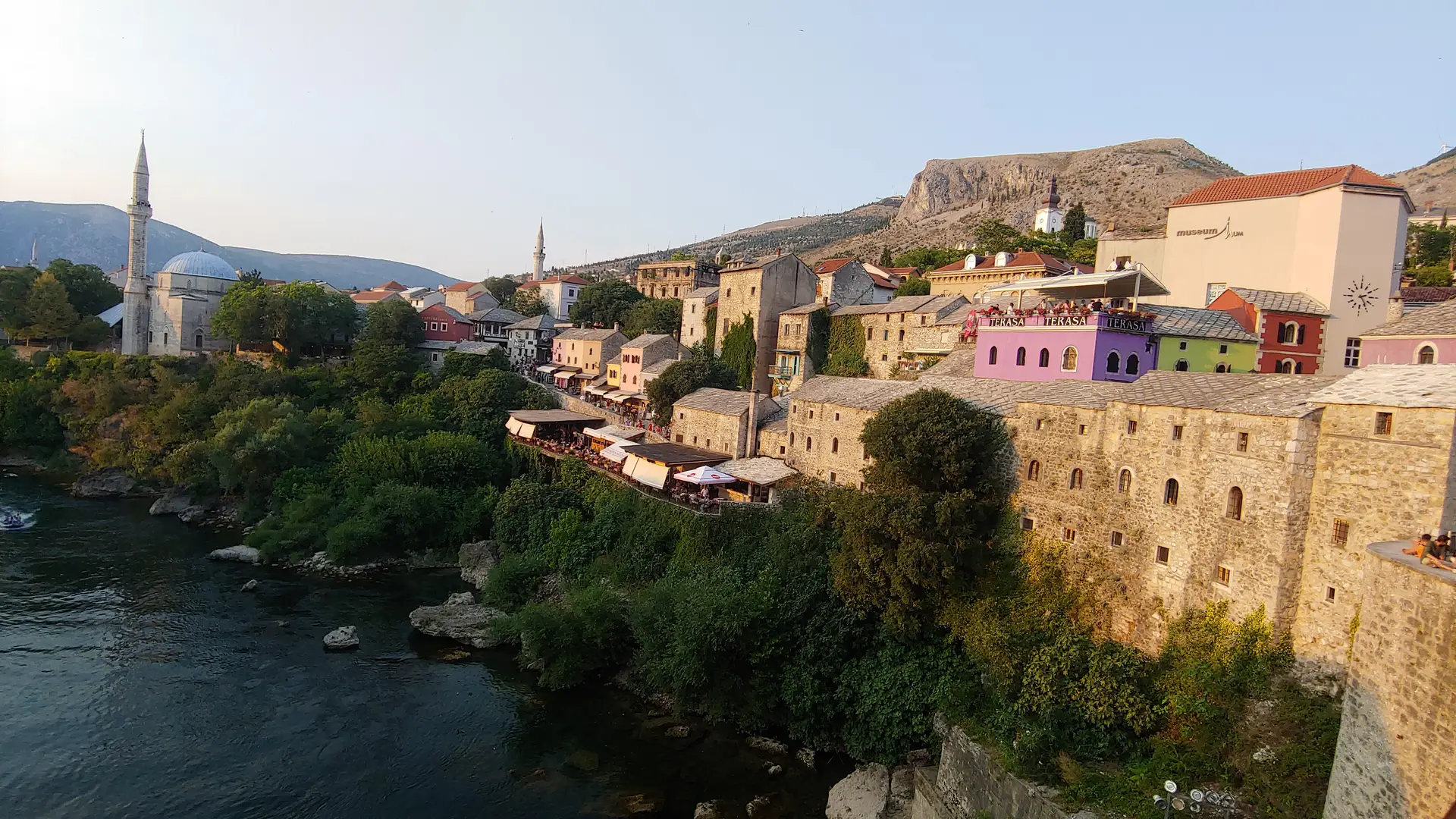 Mostar’s old town, photographed from Stari Most